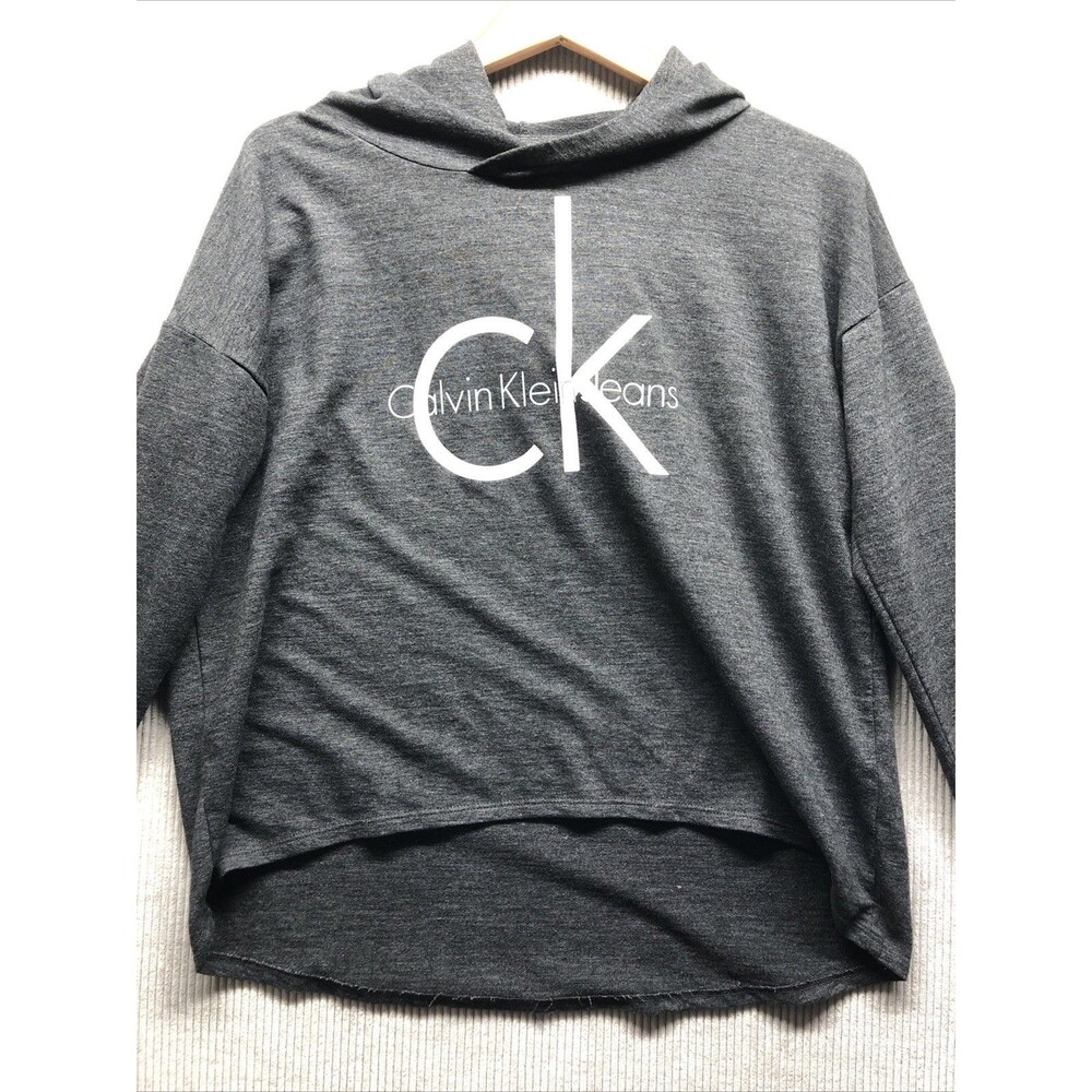 Calvin Klein Jeans Womens Hoodie Size M Gray Graphic Logo Thumbholes Athleisure